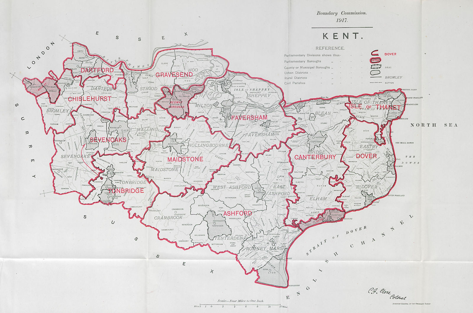 Kent Parliamentary County. BOUNDARY COMMISSION. Close 1917 old antique map